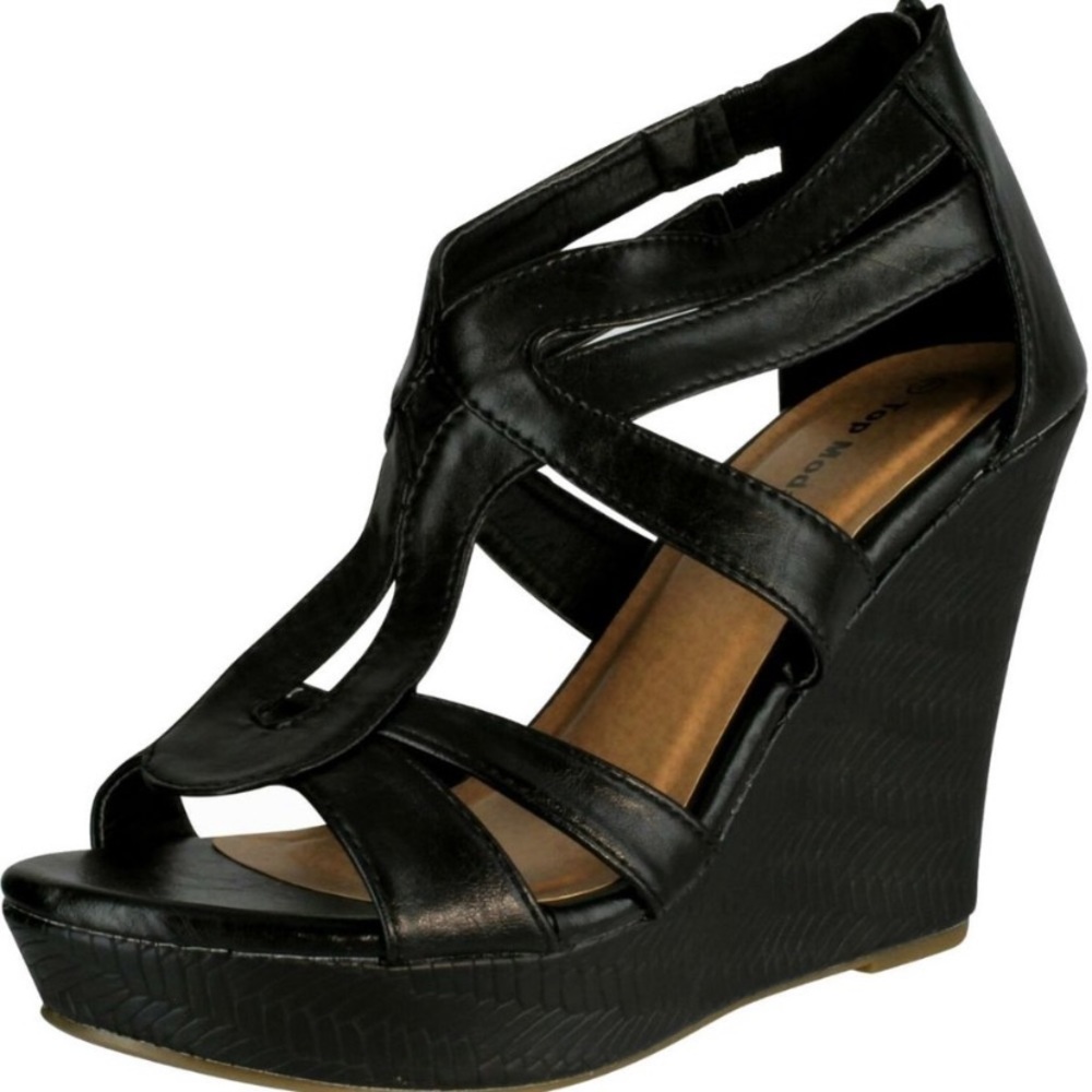 Black faux leather strappy high wedges size 10